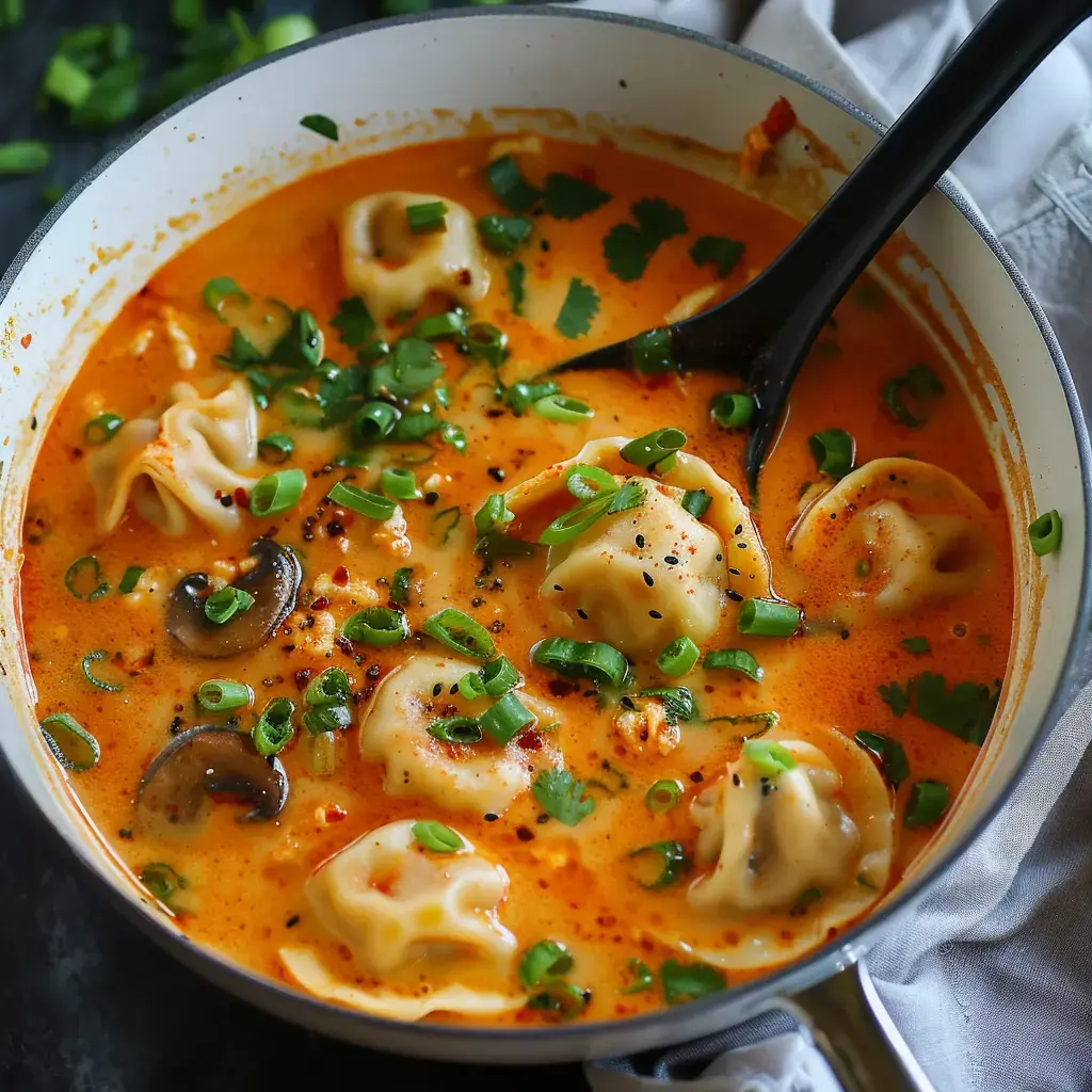 Bols remplis de soupe cocooning avec des raviolis fondants, champignons et jeunes oignons, le tout bien frais en coriandre.