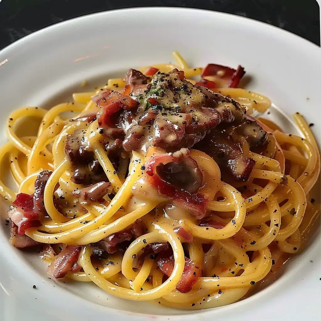 Bol de pâtes avec lardons de bœuf, sauce toute crémeuse et du poivre noir dessus.