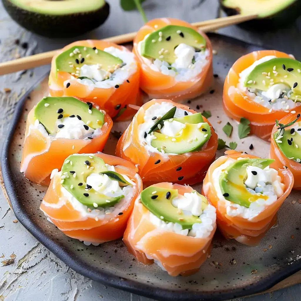 Des makis saumon avocat tout frais, servis avec un nuage de crème, quelques graines et un zeste de convivialité, prêts à picorer.