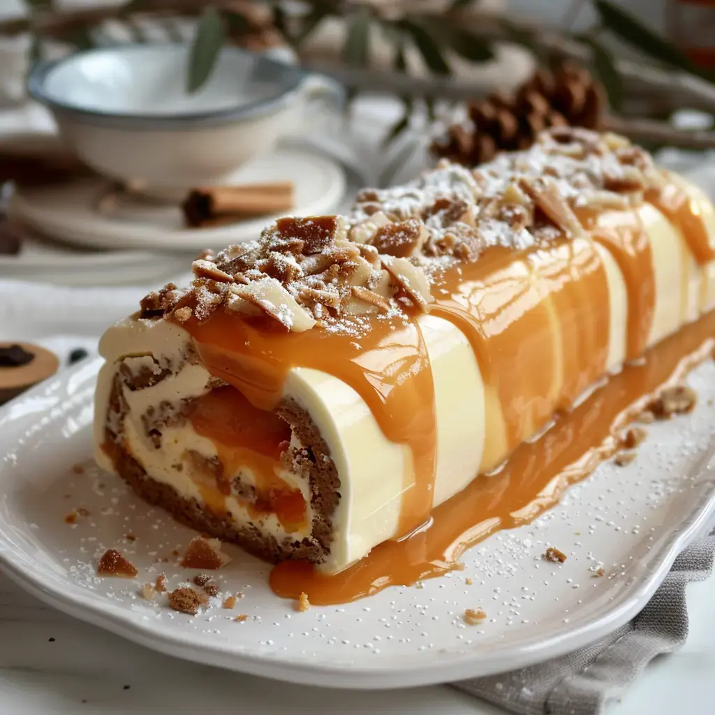 Un biscuit roulé garni de crème vanille, couchée de caramel, décoré avec éclats croquants et sucre glace.