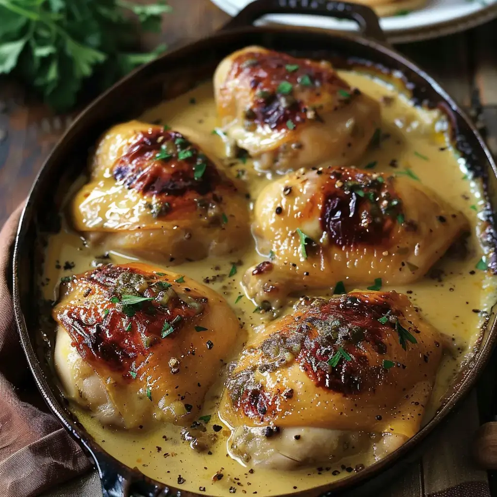 Cuisses de poulet bien dorées recouvertes d’une sauce onctueuse, avec du persil par-dessus, servies dans un plat en fonte.