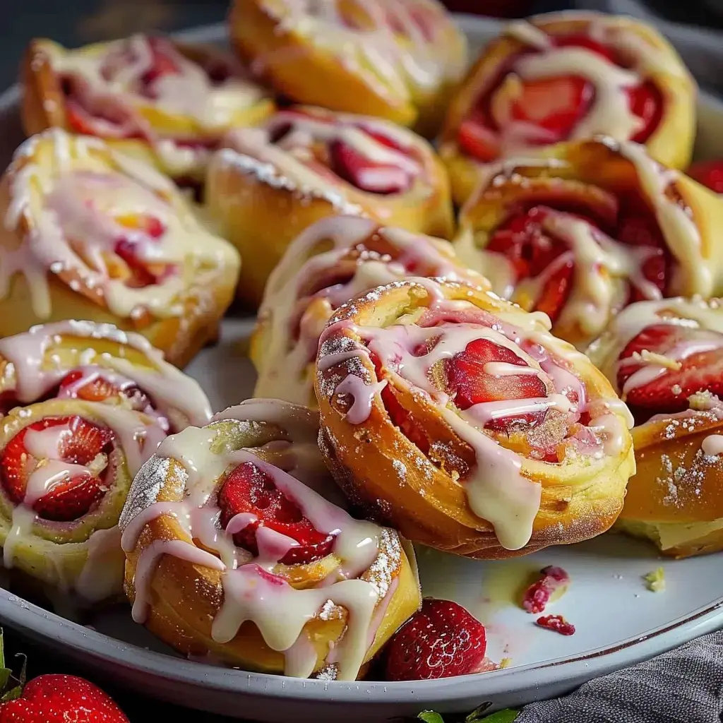 Brioches roulées bien dorées, nappées d'un glaçage fondant à la fraise, servies sur un grand plat.