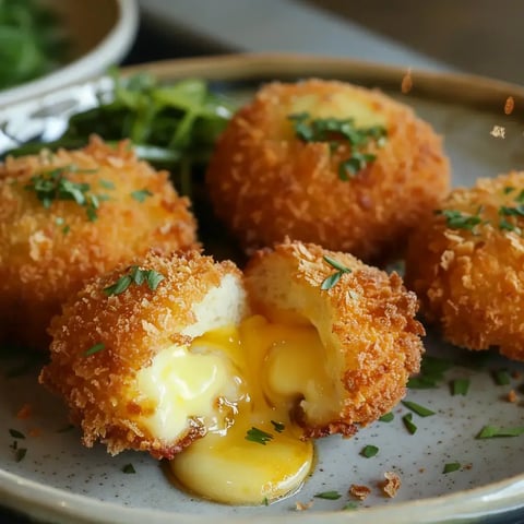 Des bouchées croustillantes et dorées, le fromage dégouline à l'intérieur, posées sur une assiette avec quelques herbes.