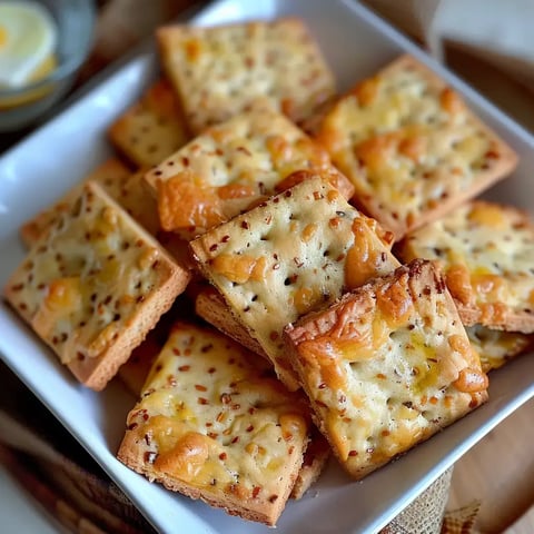 Carrés croustillants au fromage doré et graines, présentés sur une assiette blanche. Tu vas te régaler.