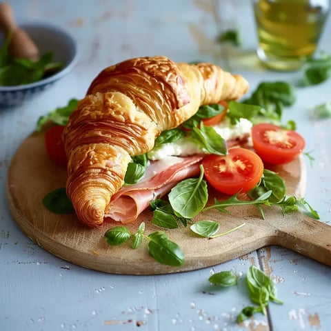 Un croissant doré gourmand avec du jambon, du fromage frais, des tomates et du basilic sur une planche.