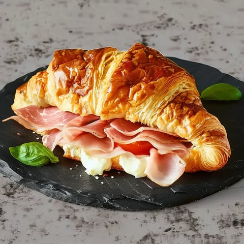 Un croissant tout chaud fourré de jambon, crème et tomates sur une assiette noire.