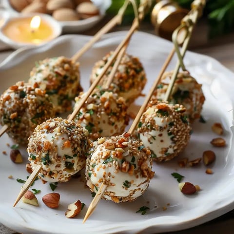Petites boules de fromage roulées dans des graines et des amandes, piquées sur des bâtonnets et posées sur une assiette.