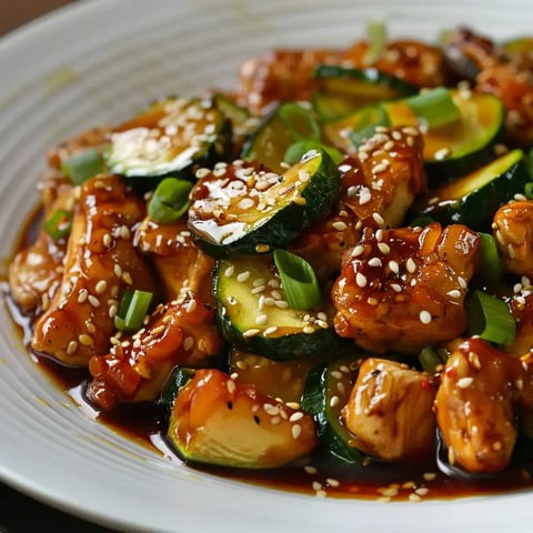 Une assiette de poulet sauté et courgettes, parsemée de graines de sésame et oignons nouveaux.