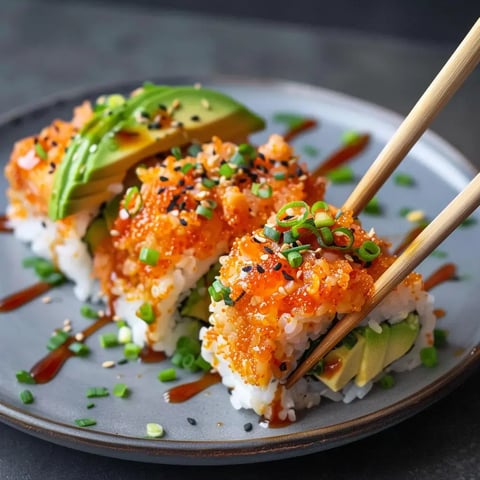 Des morceaux croustillants de riz avec avocat, oignon vert et saumon, joliment posés sur une assiette grisée.