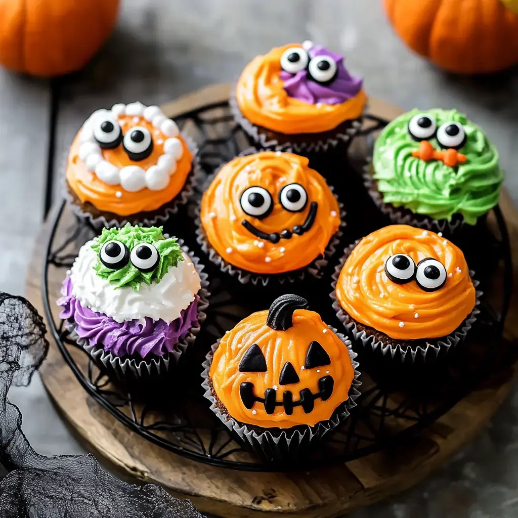 Cupcakes d’Halloween joyeux avec des décors rigolos, des monstres et des citrouilles souriantes.