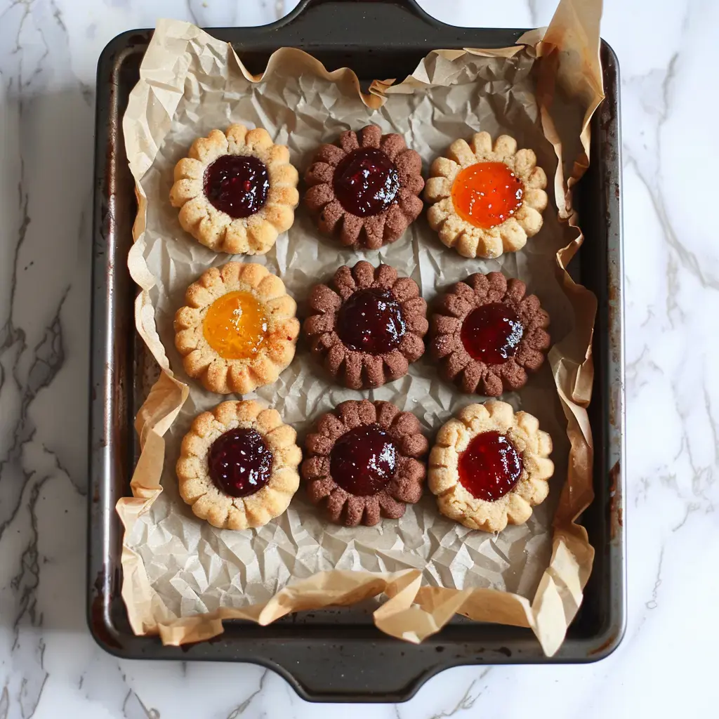Petits sablés saupoudrés de sucre avec des centres de confiture colorée présentés sur du papier cuisson.
