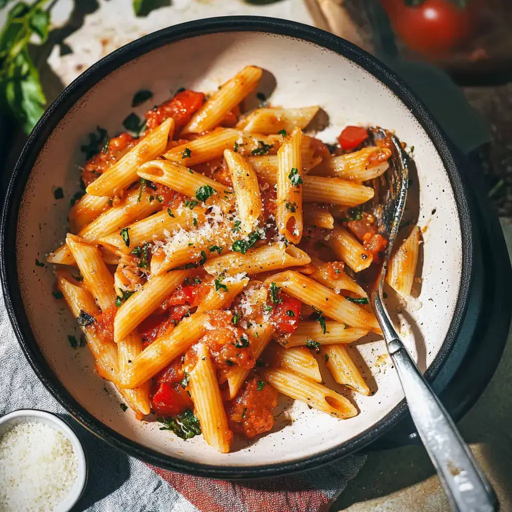 Pennes épicées en sauce tomate avec du fromage râpé et une touche de persil.