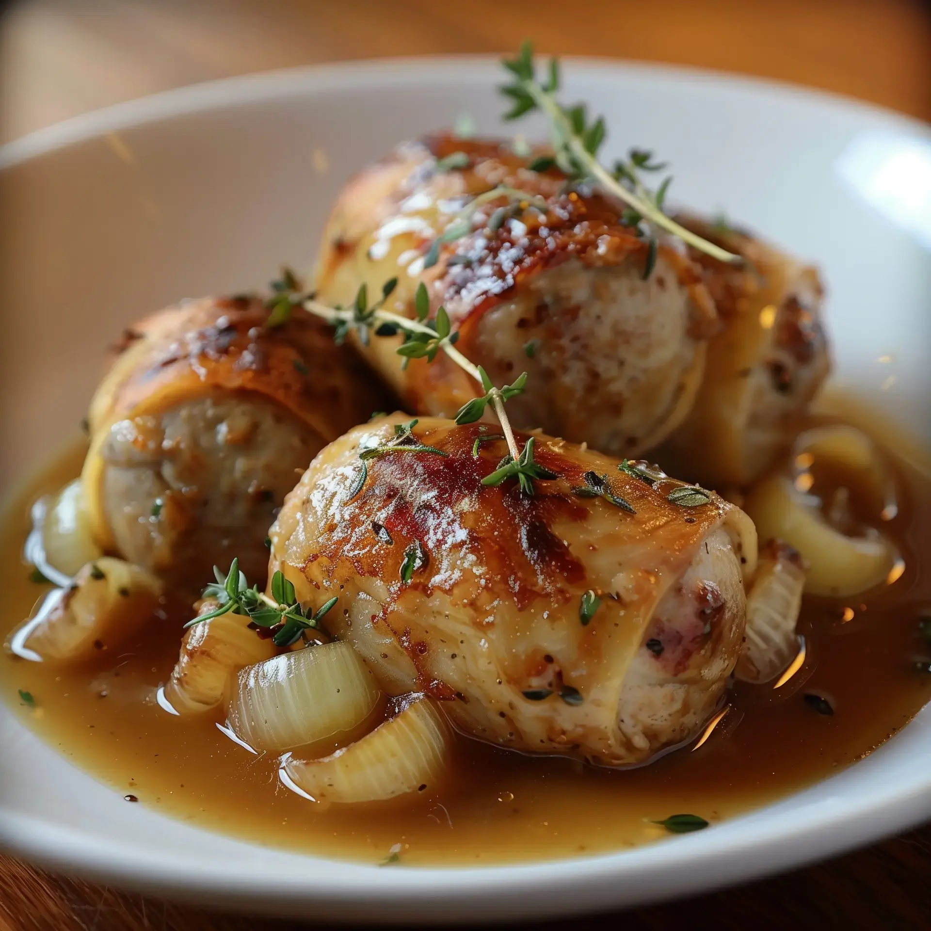 Un plat mijoté de veau tendre aux oignons et brins de thym.