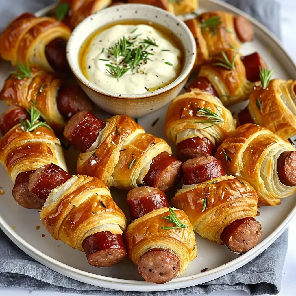 Des saucisses enveloppées de pâte feuilletée dorée, à côté d'un petit bol de sauce crémeuse et d'huile d'olive.