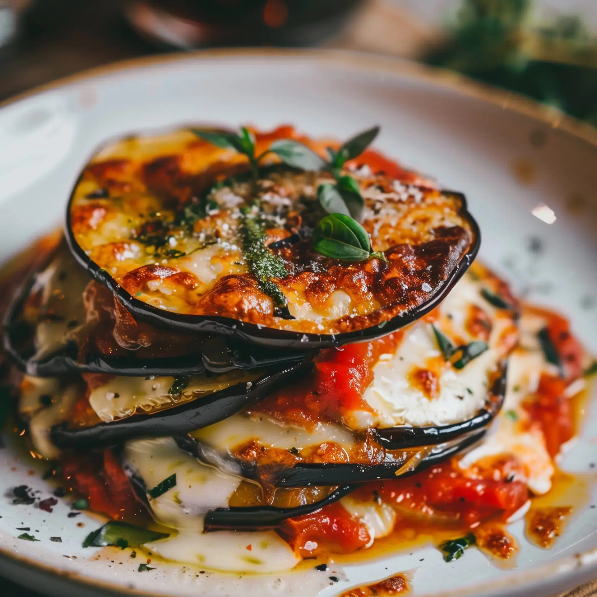 Un gratin d'aubergines nappé de sauce tomate et parsemé de fromage fondu, garni de basilic frais.