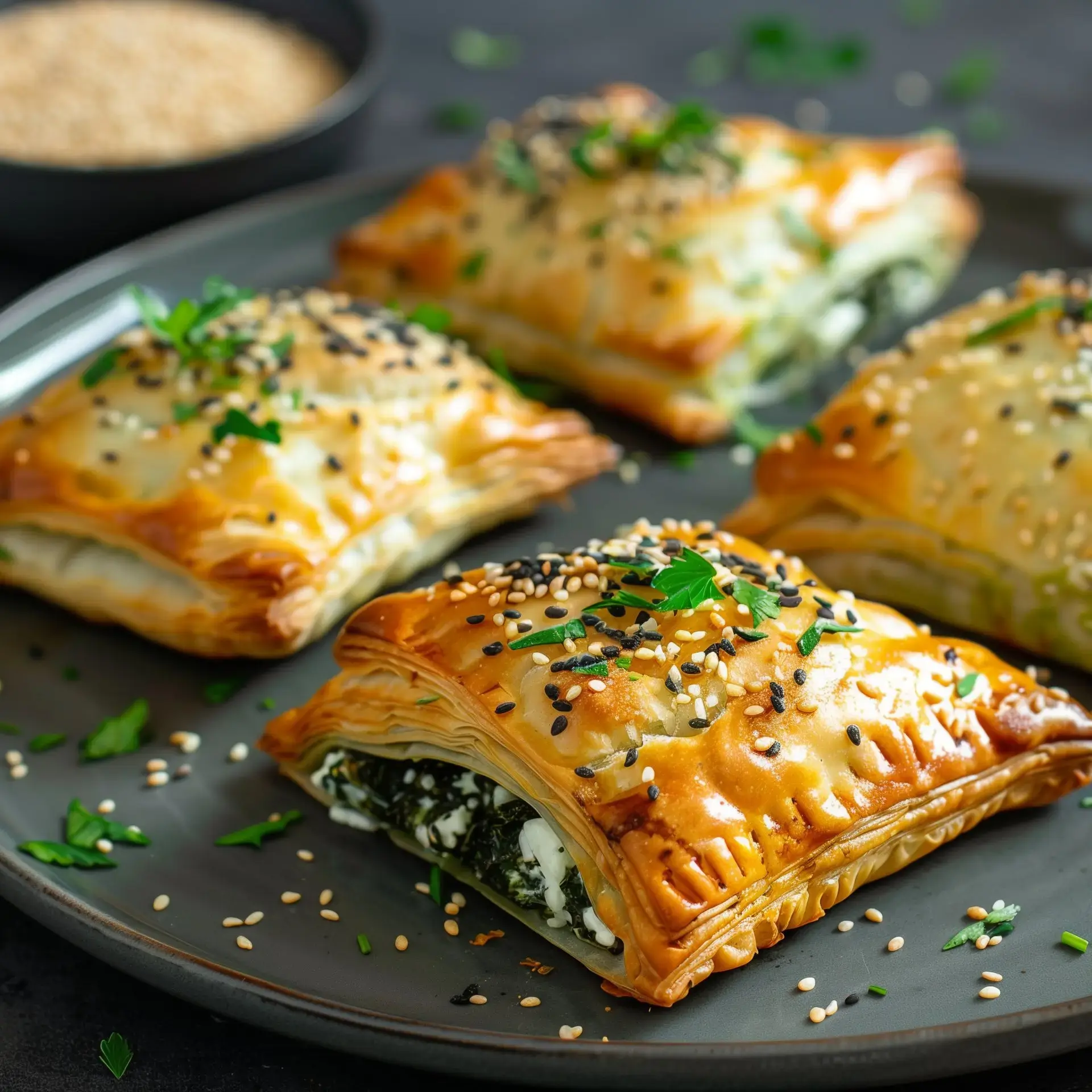 Feuilletés dorés farcis d’épinards et fromage sur une assiette, saupoudrés de graines.