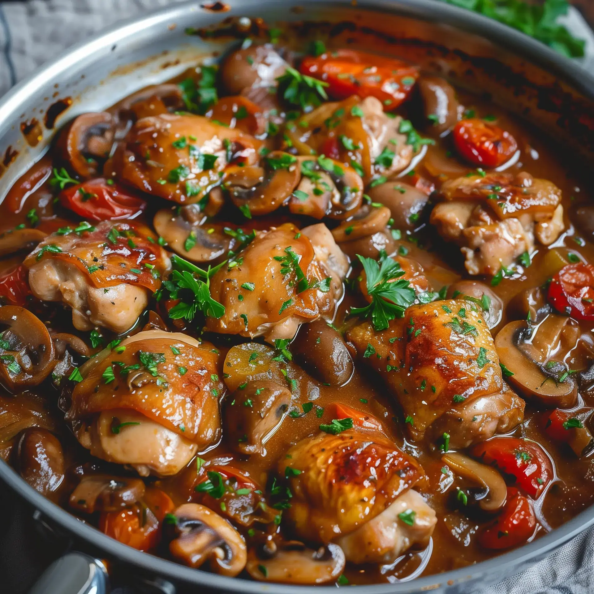 Cuisses de poulet fondantes mijotées avec des tomates, des champignons et des herbes, nappées d'une sauce parfumée.