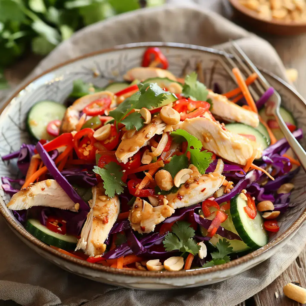 Un délicieux mélange de poulet grillé, chou rouge, carottes, concombres, coriandre, cacahuètes et piment rouge pour une explosion de fraîcheur.