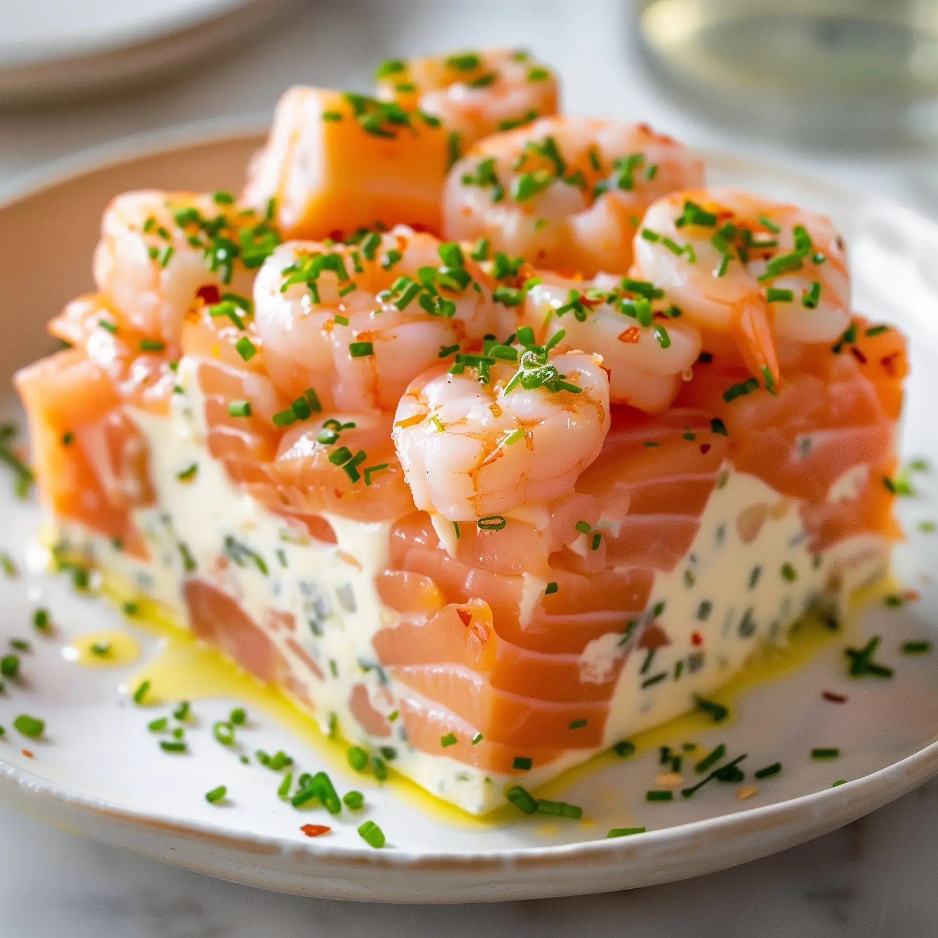 Un morceau de saumon garni de crevettes et parsemé de ciboulette fraîche sur assiette.