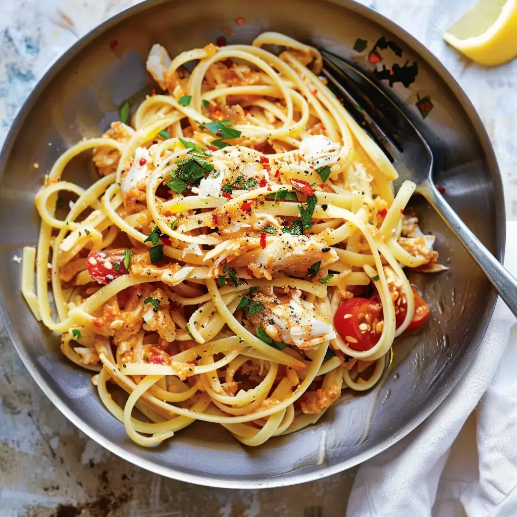 Un généreux plat de pâtes aux fruits de mer avec sauce tomate et herbes, servi dans un bol argenté.