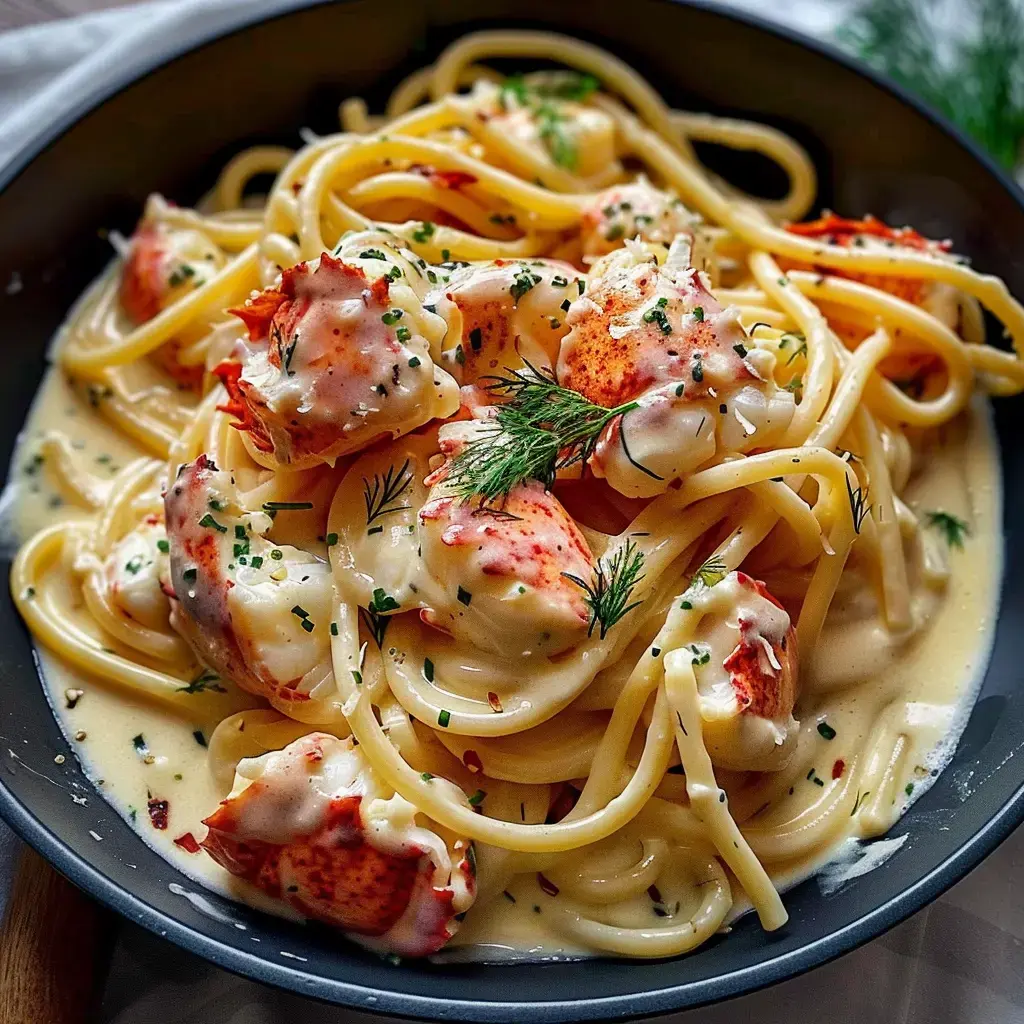 Assiette de pâtes au homard dans une sauce blanche crémeuse avec des herbes fraîches.