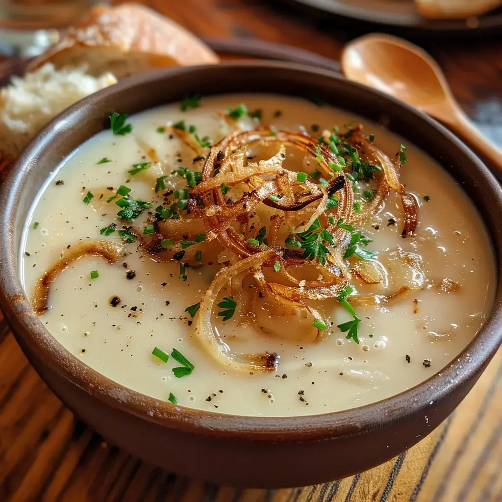 Un bol de velouté crémeux aux oignons, garni d'oignons croquants et accompagné de pain frais.