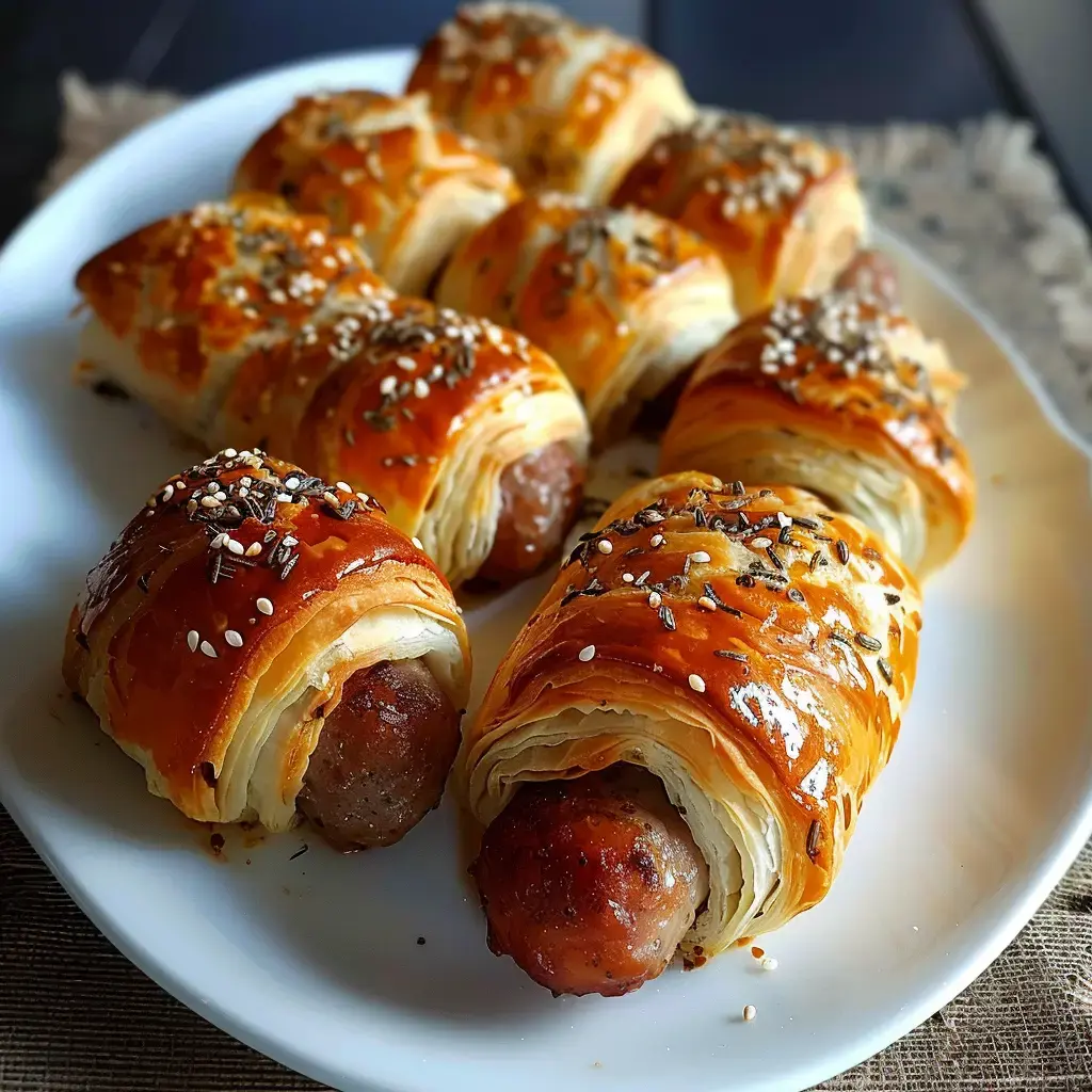 Petits feuilletés garnis de saucisses, dorés et décorés de graines de sésame et d’herbes.