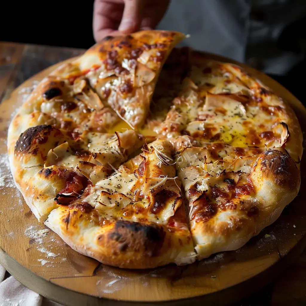 Pizza bien dorée, avec du fromage fondu et du jambon, qu’on découpe sur une planche bois après la sortie du four.