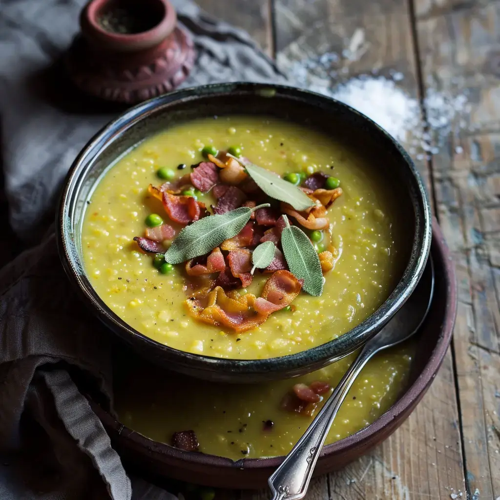 Un bol de soupe jaune épaisse garni de lard croustillant, de pois et de feuilles de sauge sur une table en bois.