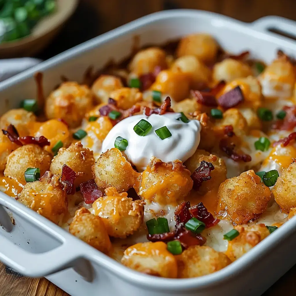 Pommes de terre rissolées avec bacon croustillant, cheddar fondu et crème onctueuse au ranch, parsemées d'oignons verts.