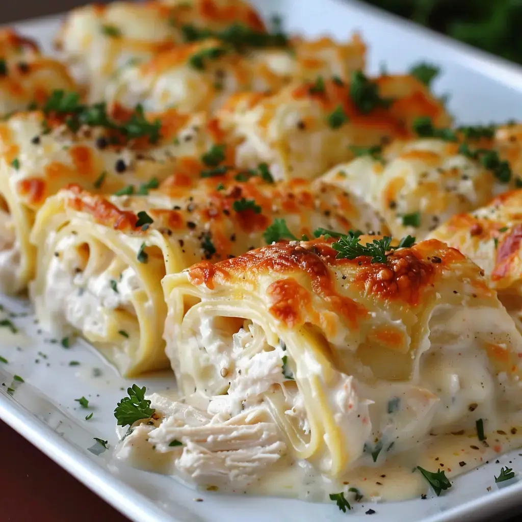 Roulades de lasagnes farcies au poulet, nappées de fromage fondu et de sauce Alfredo crémeuse, sur une assiette.