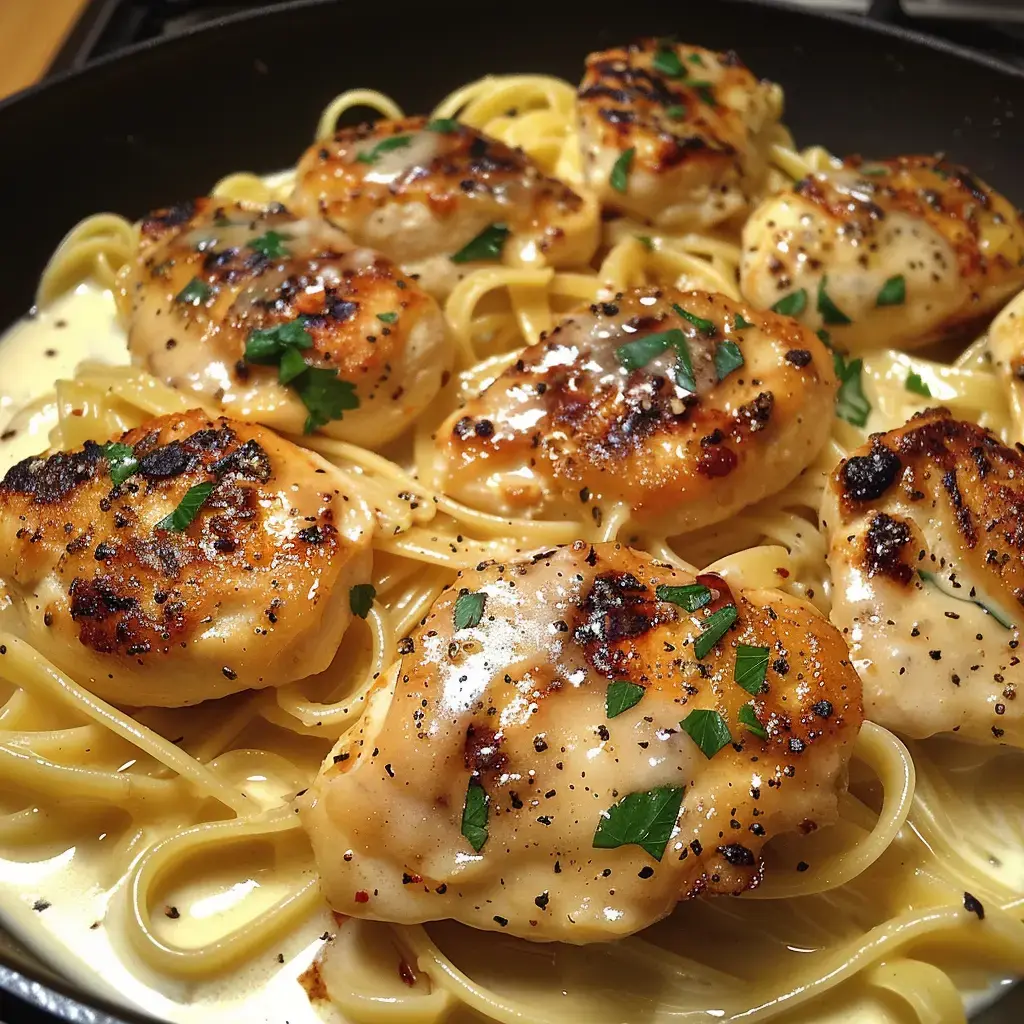 Des linguines crémeuses sont parsemées de poulet doré, persil frais et grains de poivre noir.