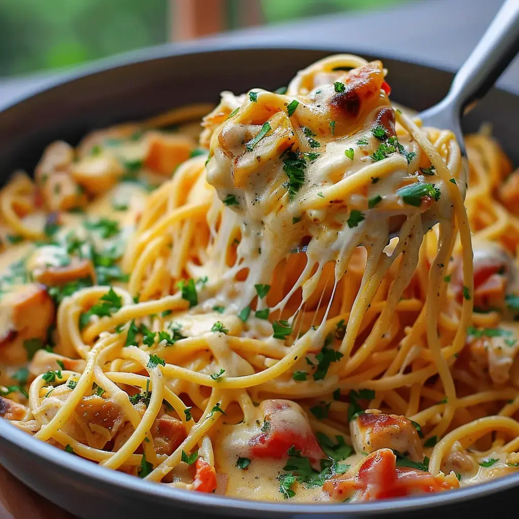 Bol de spaghetti crémeux, morceaux de viande dessus et persil frais.