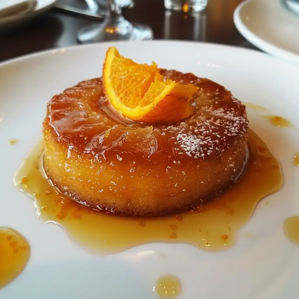 Gâteau gourmand nappé de caramel, décoré d'une rondelle d'orange et servi sur une belle assiette blanche.