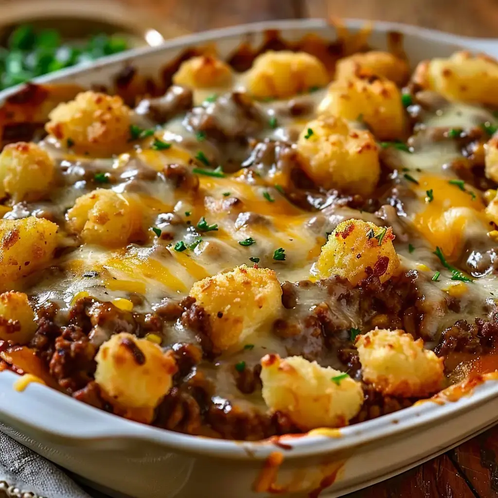 Un gratin au boeuf haché, surmonté de pommes de terre croustillantes et de fromage fondu, parsemé de persil.