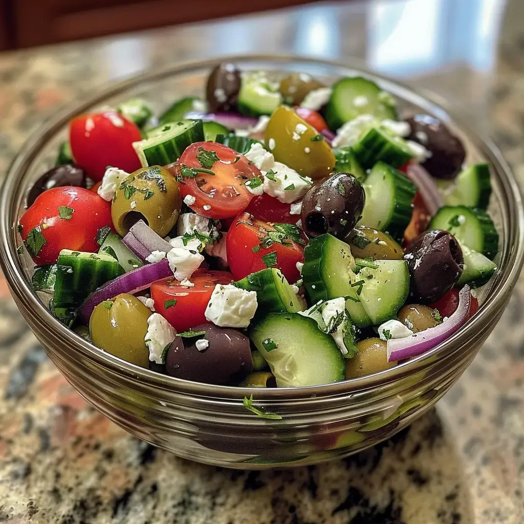 Des légumes frais comme tomate, concombre, olives et feta dans un bol, prêts à être dégustés.