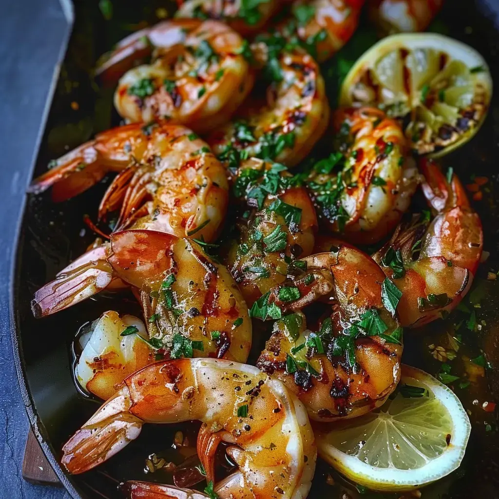 Des gambas bien grillées, du persil dessus et un peu de citron à côté.