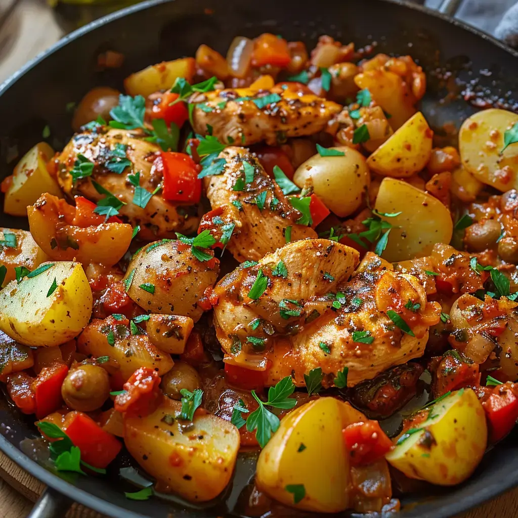 Un poulet doré mijote avec pommes de terre, poivrons et herbes, le tout dans une grande poêle.