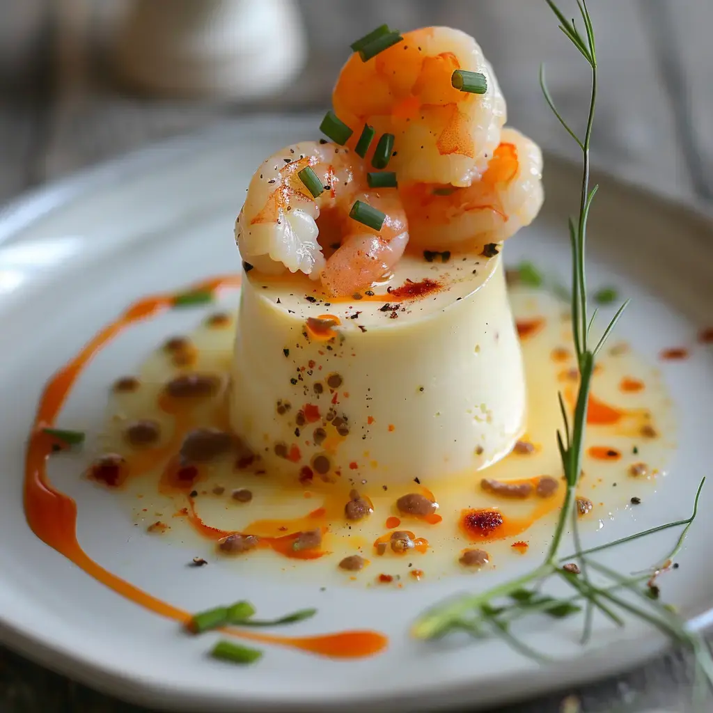 Un plat joliment présenté de panna cotta salée avec crevettes et herbes, accompagné d'une sauce vibrante.