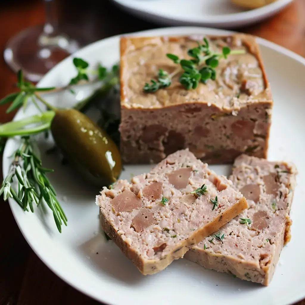 Un pâté maison servi joliment avec herbes fraîches et cornichon sur une assiette blanche.