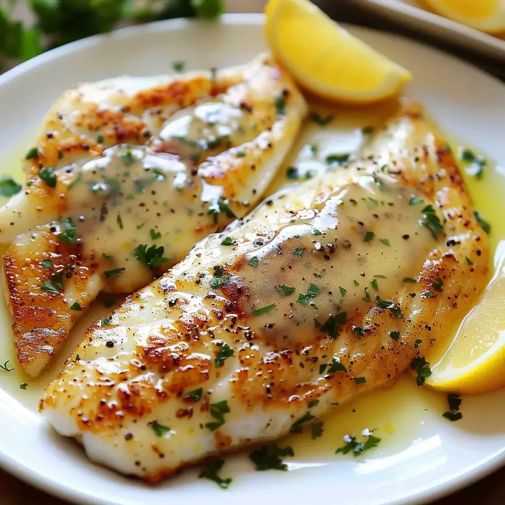 Filets dorés de poisson nappés de sauce et parsemés de persil, accompagnés de quartiers de citron.