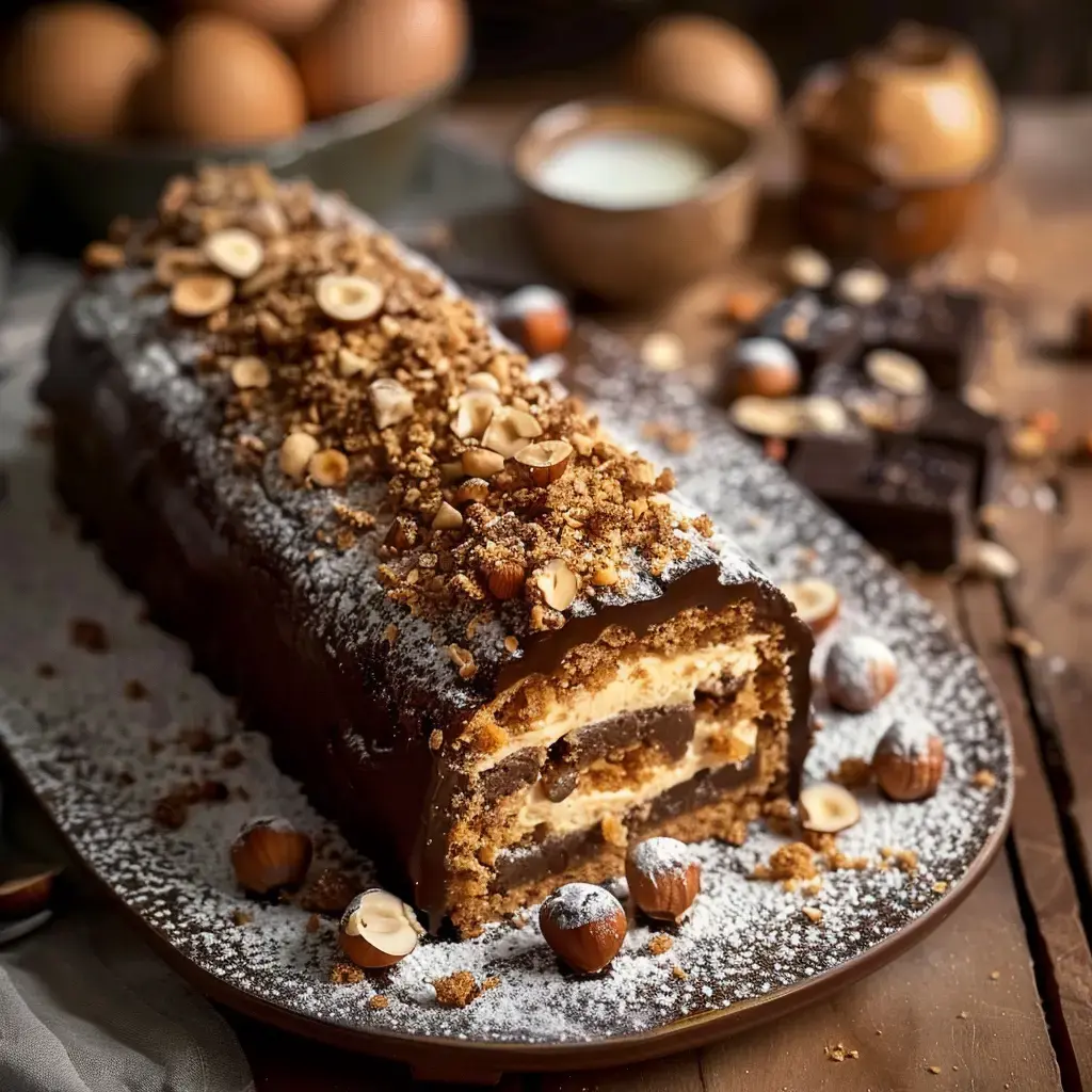Biscuit roulé garni de crème avec décoration noisettes et petits morceaux croquants.
