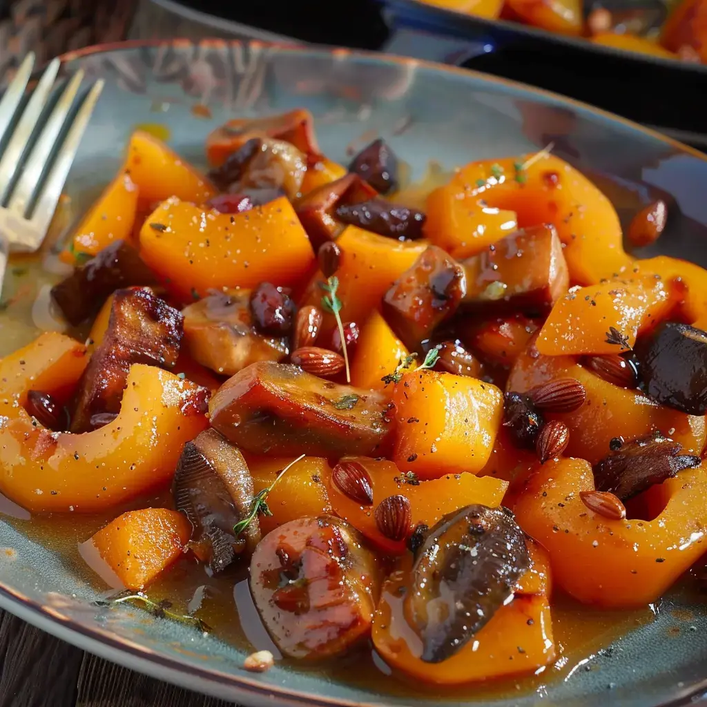 Des morceaux rôtis courge et champignons avec amandes et herbes fraîches.