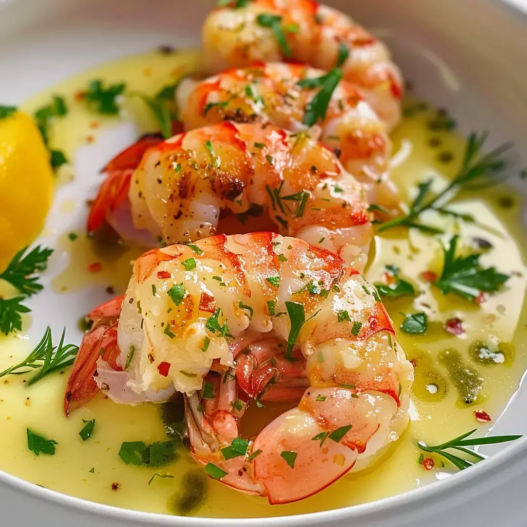 Belles gambas grillées avec du persil dans une sauce citron maison, un quartier de citron à côté.