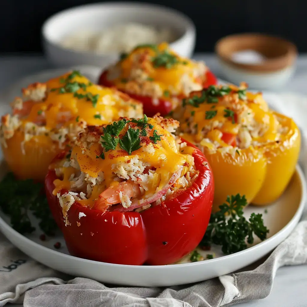 Un plat de poivrons garnis de crabe et fromage, agrémenté d'herbes fraîches, servi dans une assiette.