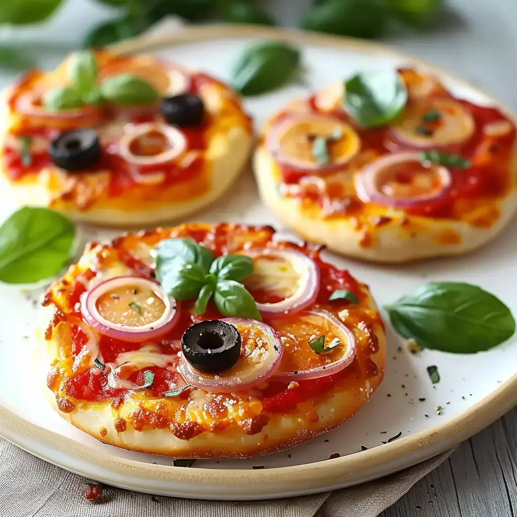 Assiette avec trois petites pizzas, sauce tomate, fromage, olives noires, oignons rouges et basilic.