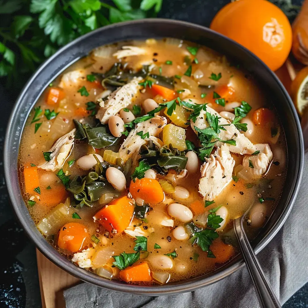Un bouillon appétissant avec morceaux de poulet, légumineuses blanches et légumes multicolores, parsemé d'herbes fraîches.