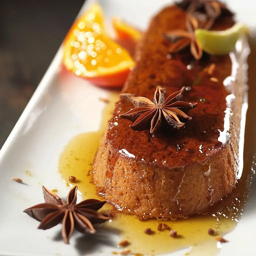 Pain moelleux entouré de miel, éclat d'agrumes et badiane, parfait pour une dégustation gourmande.