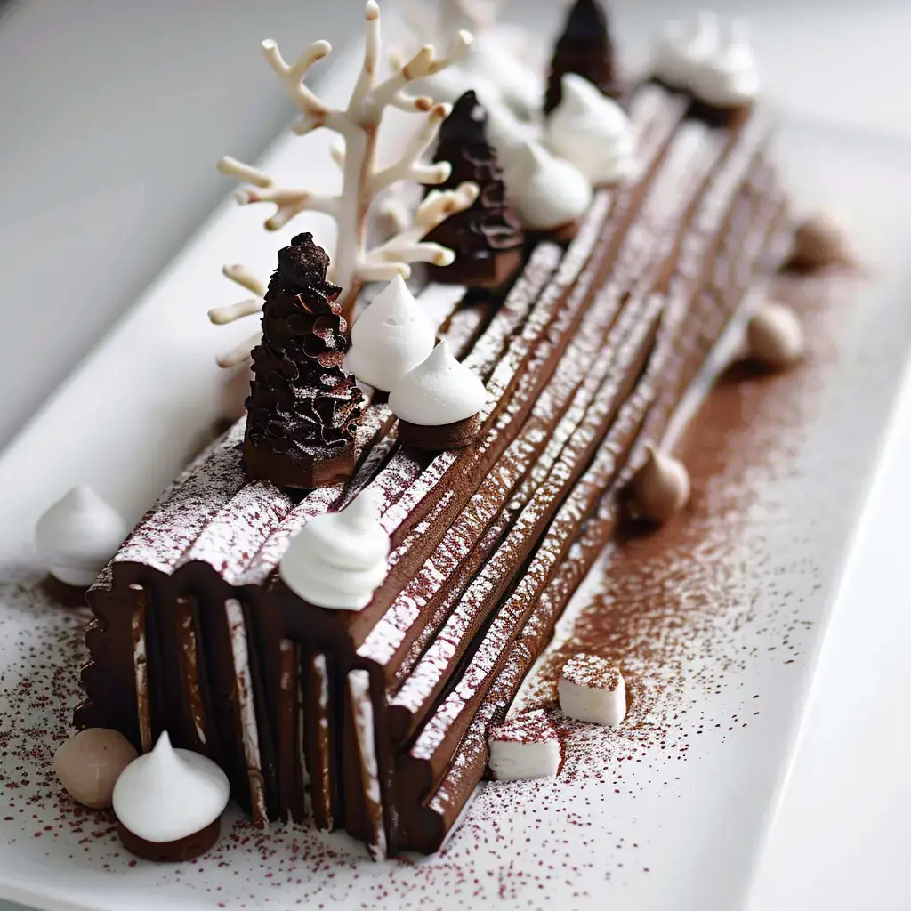 Un dessert chocolaté orné de sapins, meringues et sucre glace.