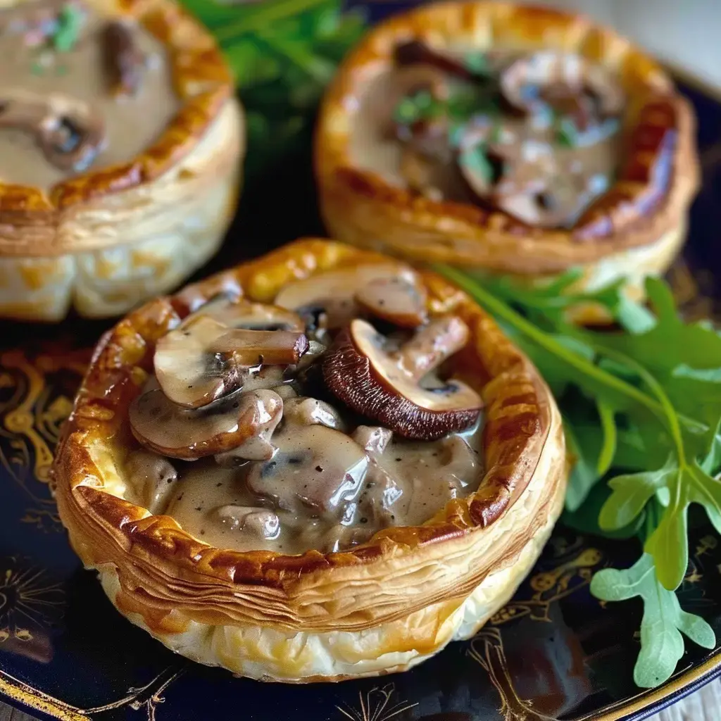 Un feuilleté doré et garni de champignons nappés d'une sauce, avec des feuilles de roquette à côté.